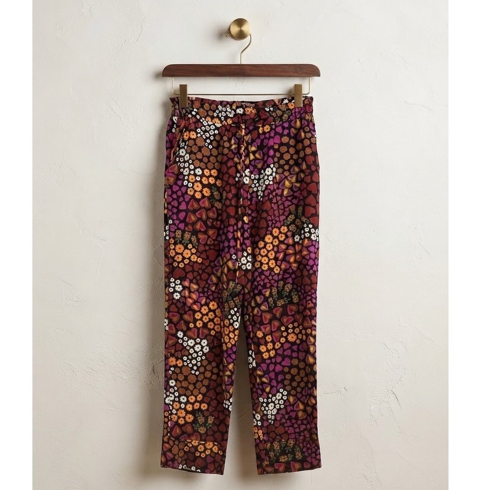 Farm Rio Heart Floral Mosaic Print Paperbag Waist Straight Leg Pants Burgundy‎
